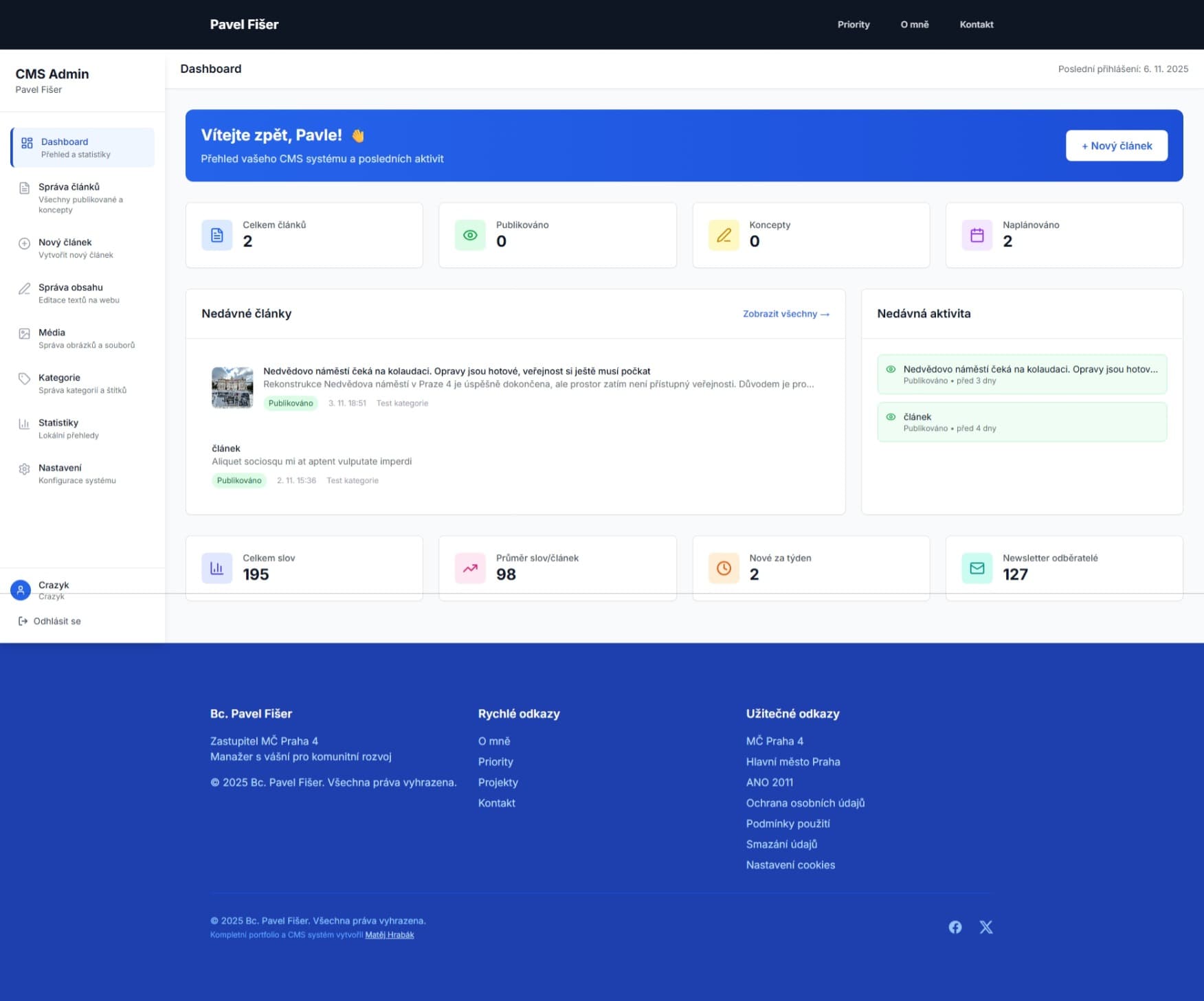 Dashboard administrace